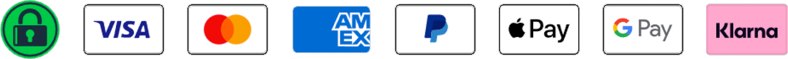 Many payment methods including VISA, Mastercard, American Express, Apple Pay, Google Pay and Klarna.