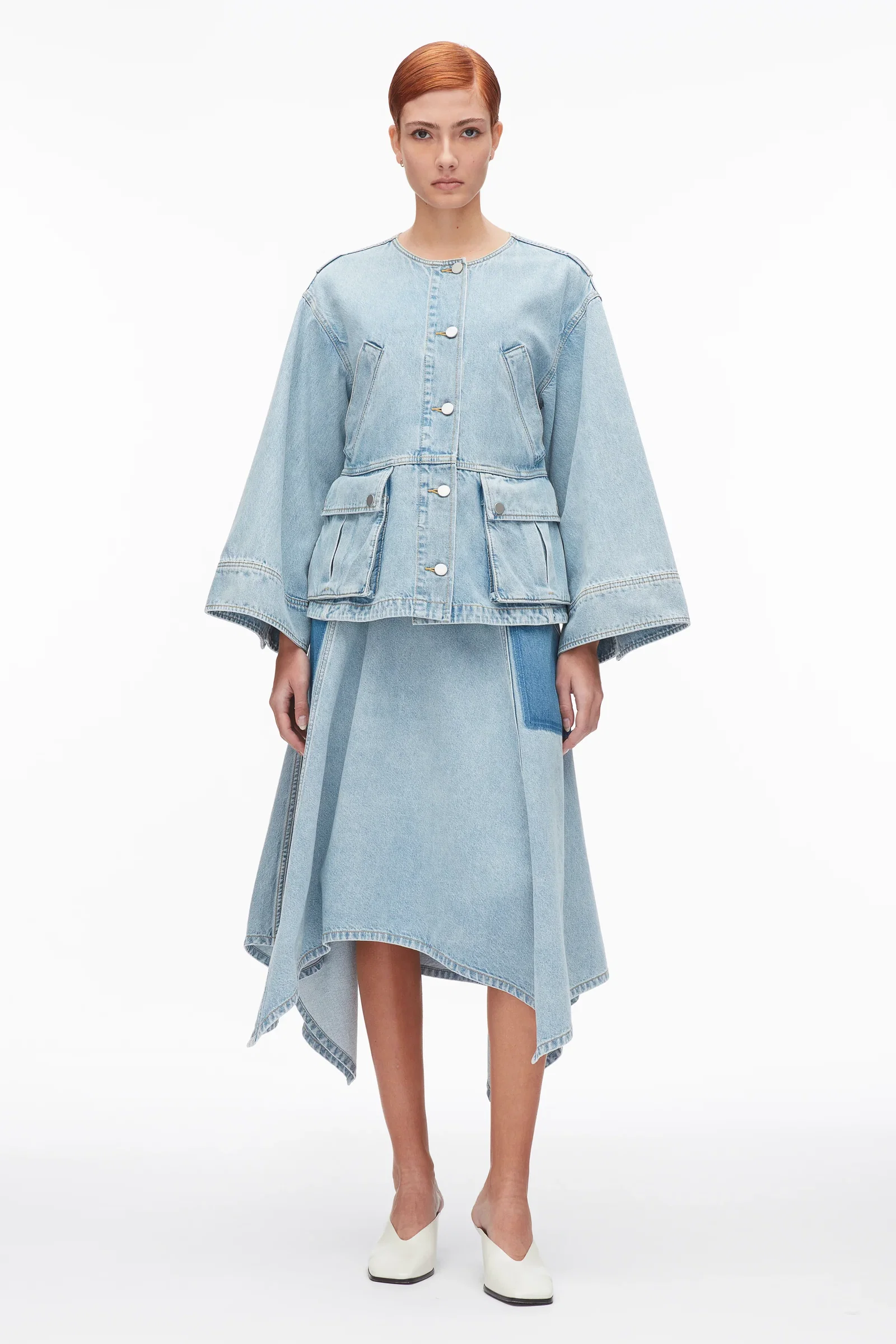 Image of Collarless Trapeze Denim Jacket
