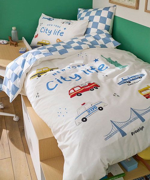 Dekbedovertrekset + kussensloop kind met gerecycled katoen VARSITY - blauw, geruit