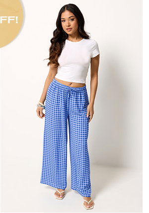 Blue Gingham Wide Leg Trousers