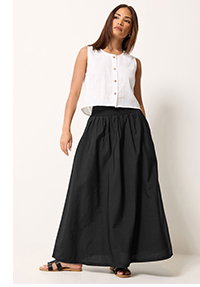Petite Black Shirred Waist Midi Skirt