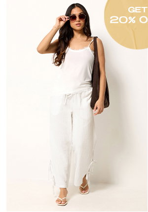 White Tie Detail Cotton Cheesecloth Wide Leg Trousers