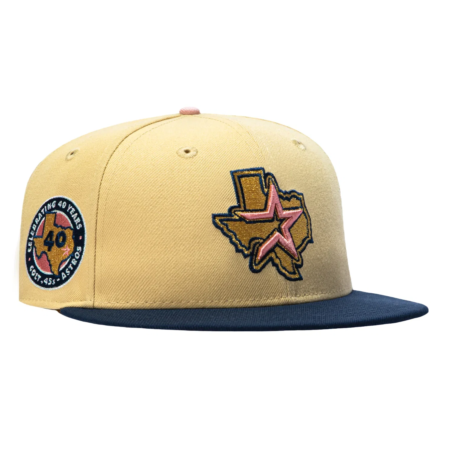 Image of New Era 59Fifty Vegas Gold Houston Astros 40th Anniversary Patch 2000 Alternate Hat - Tan, Navy