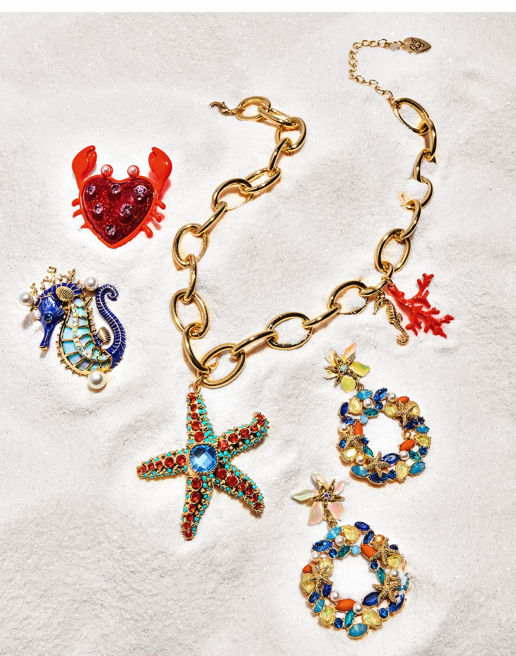 SEAHORSE BROOCH, CRAB BROOCH, STARFISH DROP EARRINGS, STARFISH SHORT PENDANT NECKLACE