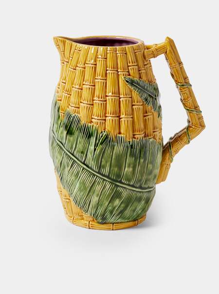 Bamboo and Fern Hand-Painted Majolica Ceramic Pitcher