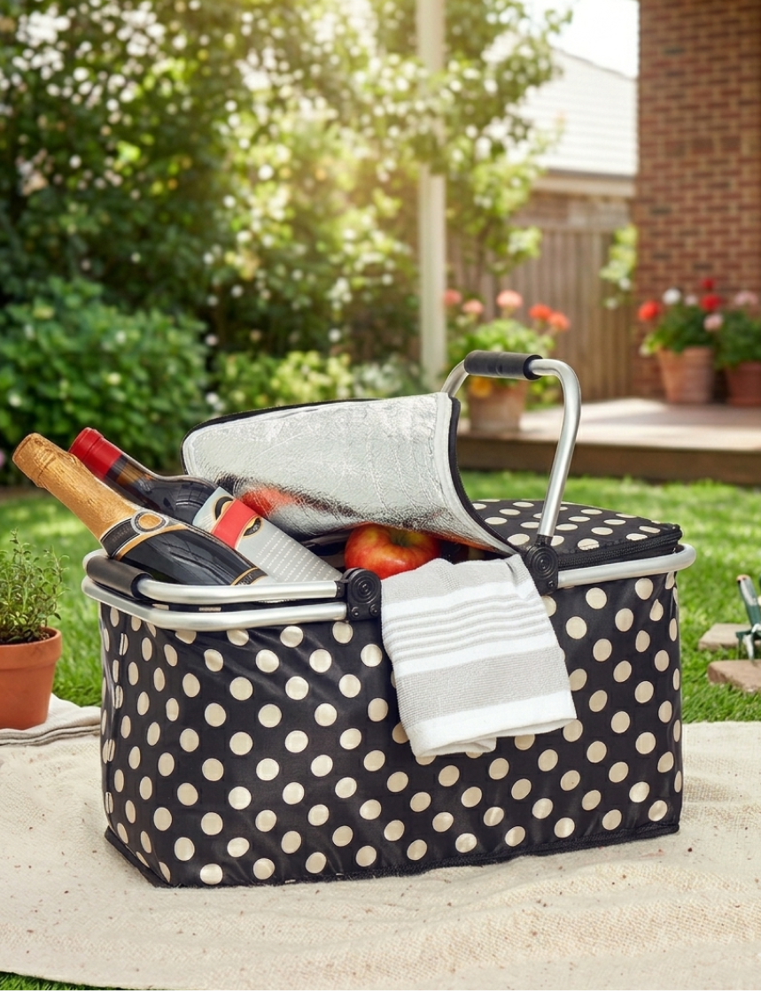 Insulated Cooler Picnic Basket Handles Zip Closure Floral Or Polka Dot