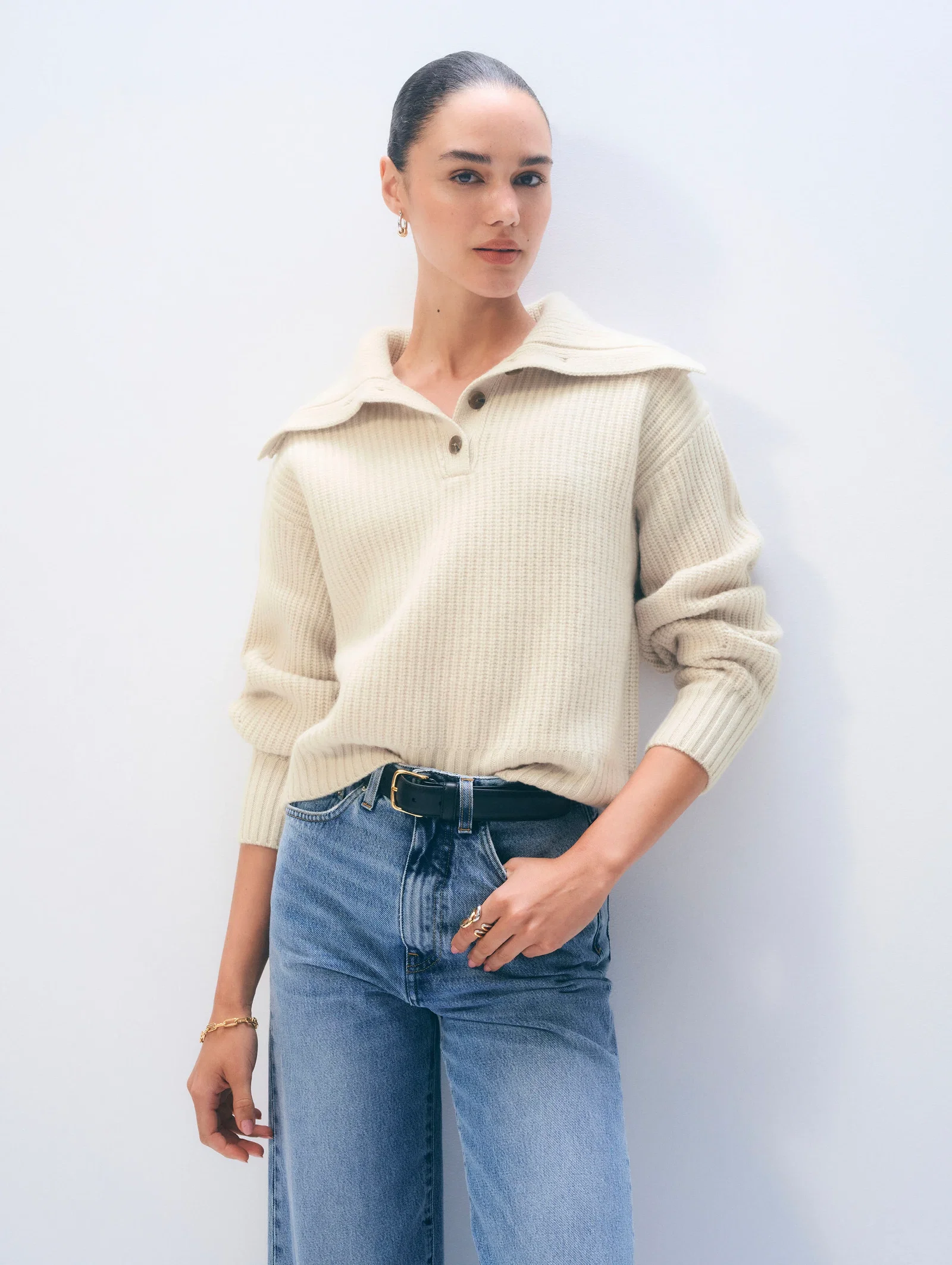 Image of Cashmere Blend Collared Henley | Ivory