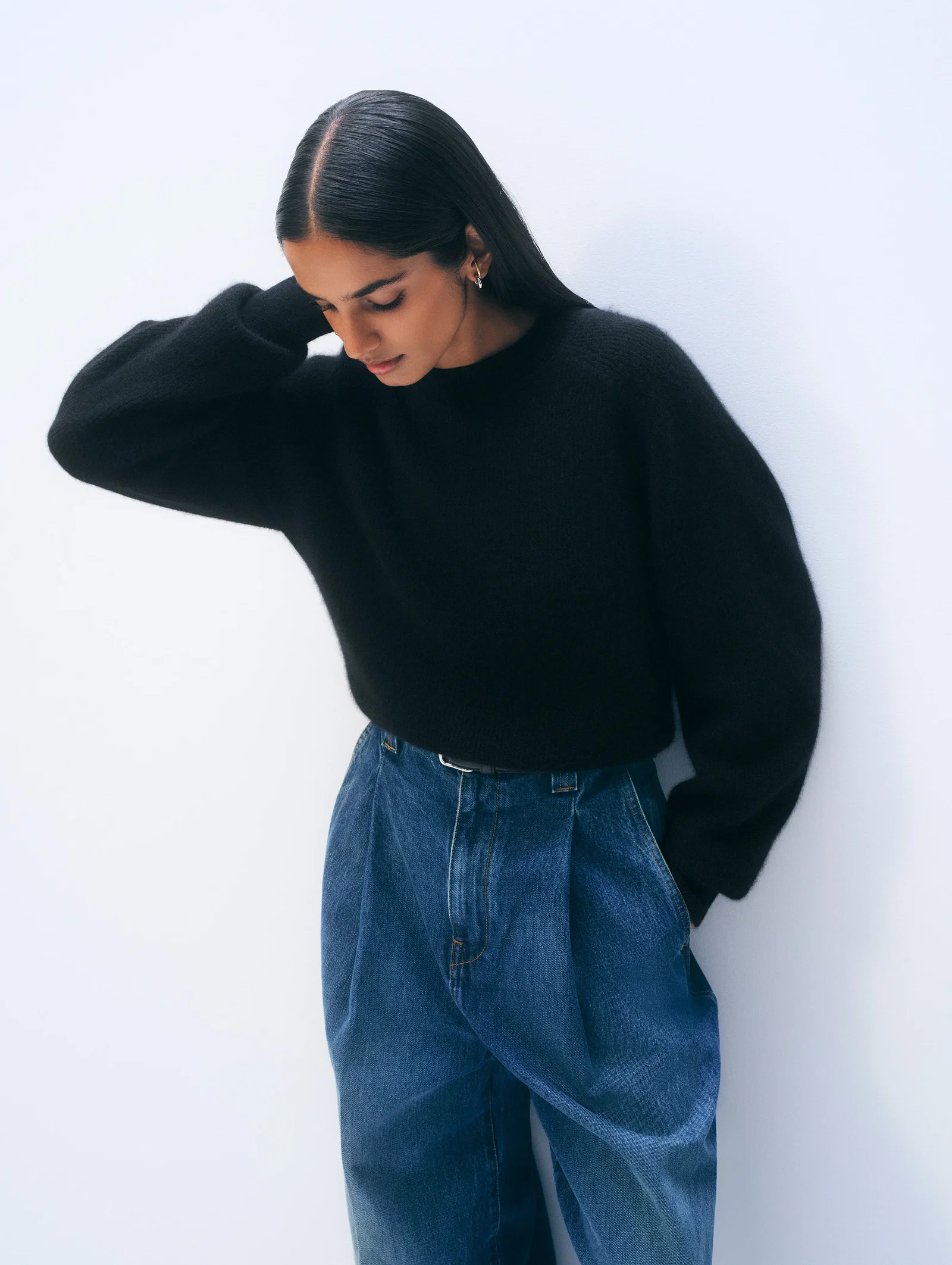 Image of Cashmere Blouson Sleeve Crewneck | Black