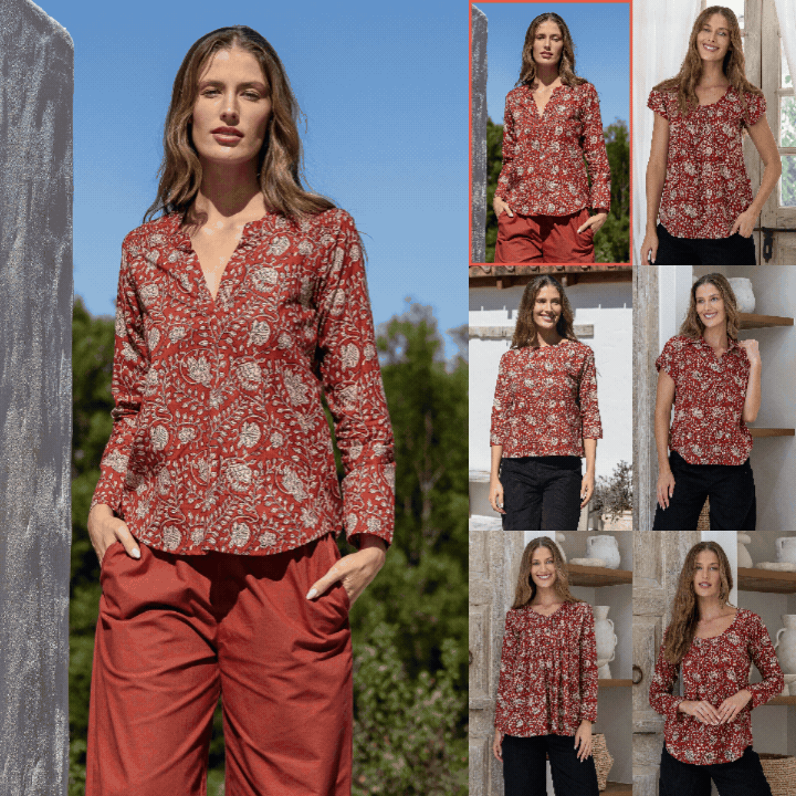 Gif of model wearing various Karma East Dresses in the country side