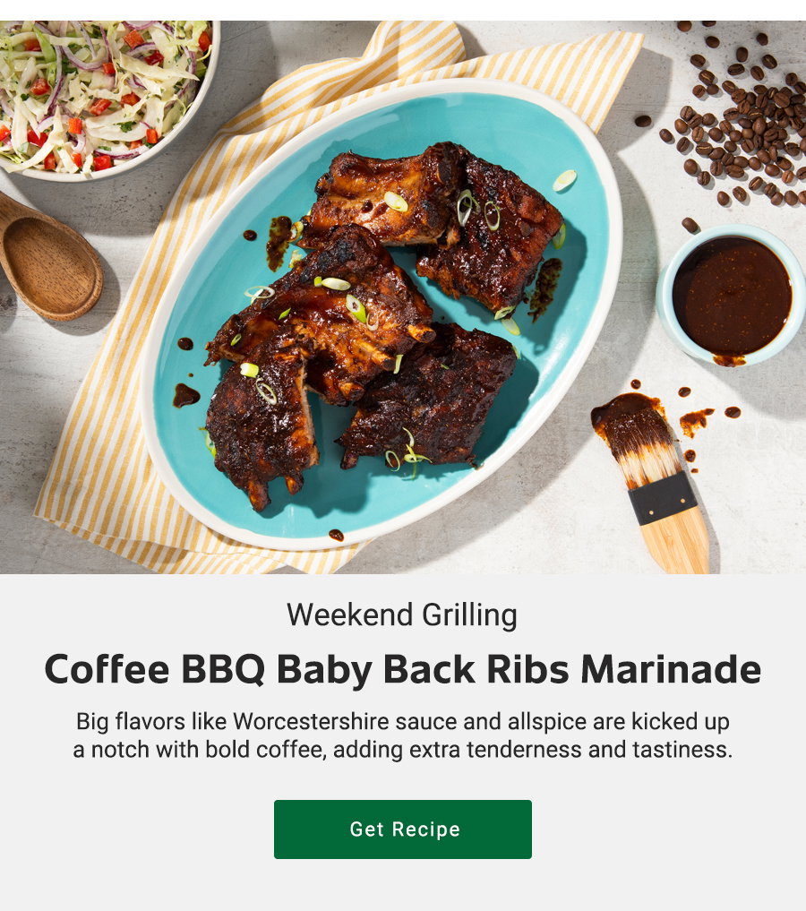 Plate of coffee BBQ baby back ribs on a blue dish with sauce, brush, and coleslaw. Text about weekend grilling and a get recipe button.