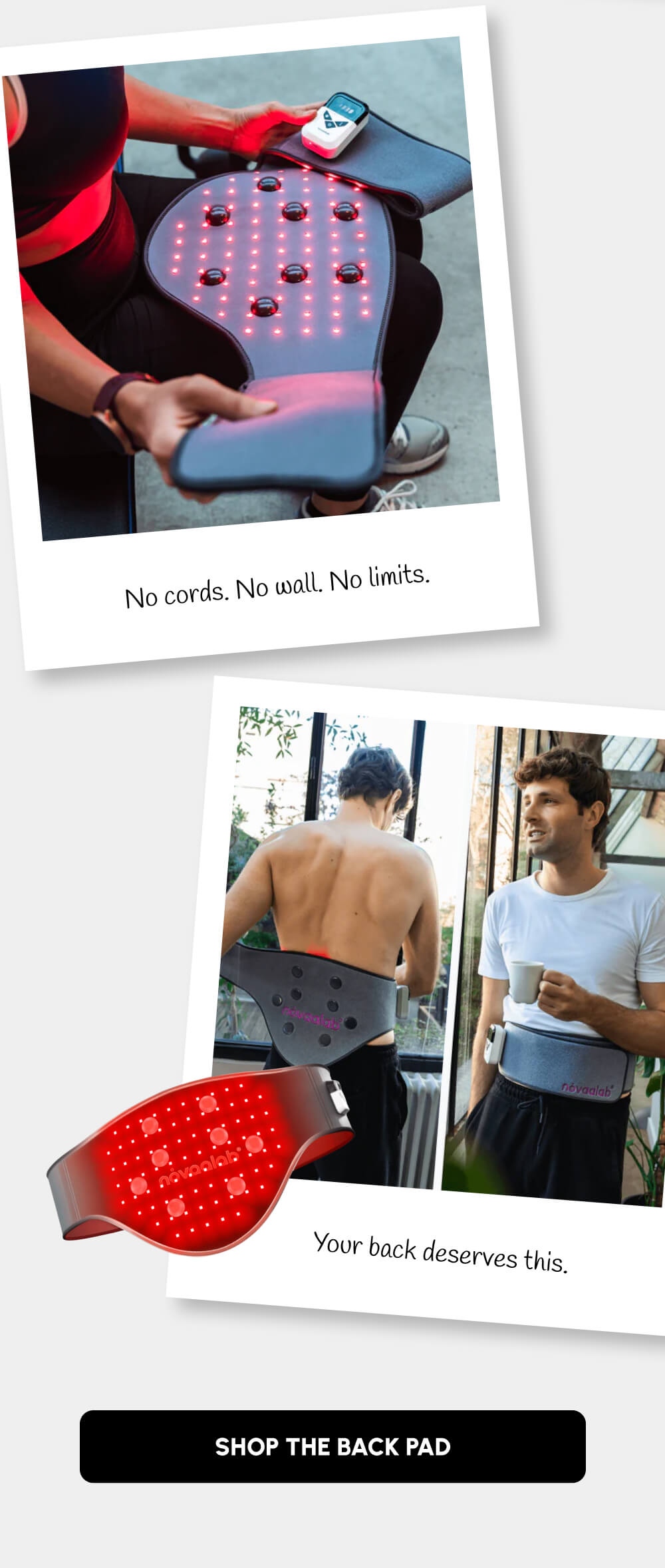 No cords. No wall. No limits. | Your back deserves this. | [Shop the Back Pad]