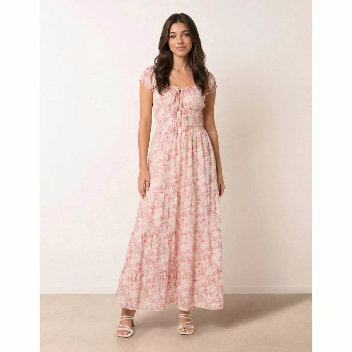 Blue Vanilla Blue Vanilla Double Front Tie Shirred Ditsy Floral Maxi Dress in Pink