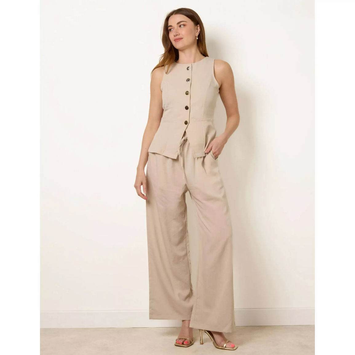 Blue Vanilla Round Neck Button Through Vest & Trouser Set in Stone