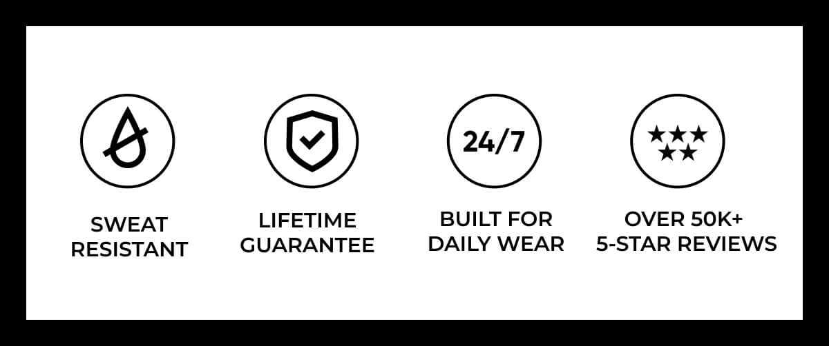 Sweat resistant and build for daily wear. LIfetime guarantee and over 30,000  reviews