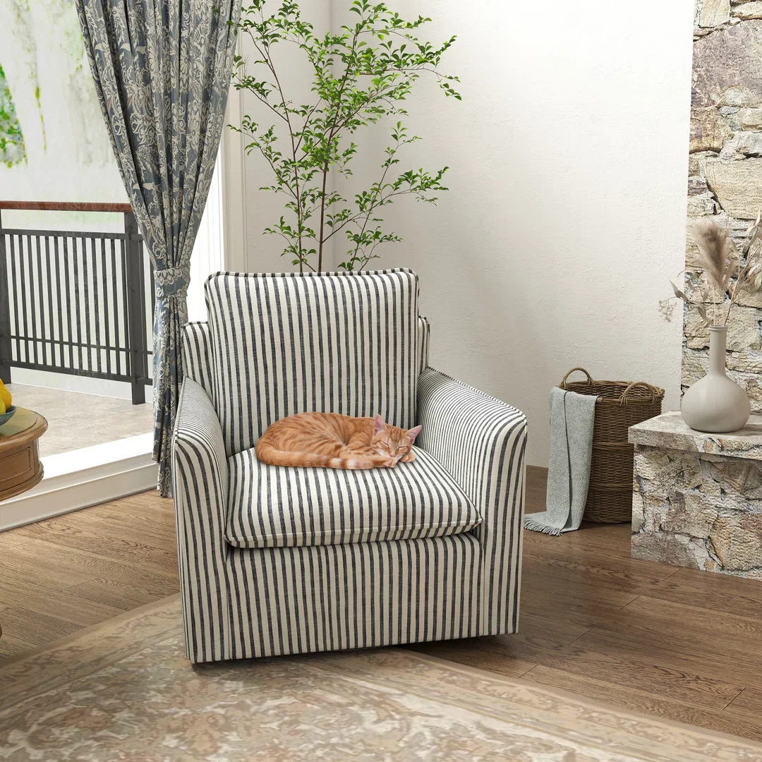 Kandyn 29.7" W Modern Soft Stripe Upholstered Swivel Barrel Chair with Removable Cushion