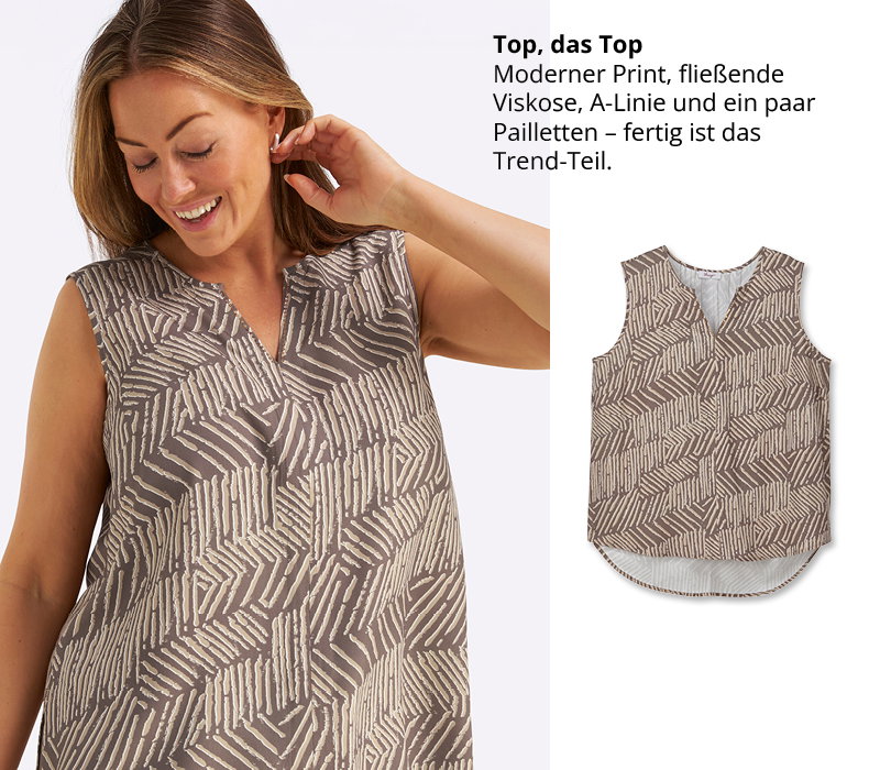 Model in braun-sandfarben gemustertem Top in A-Linie