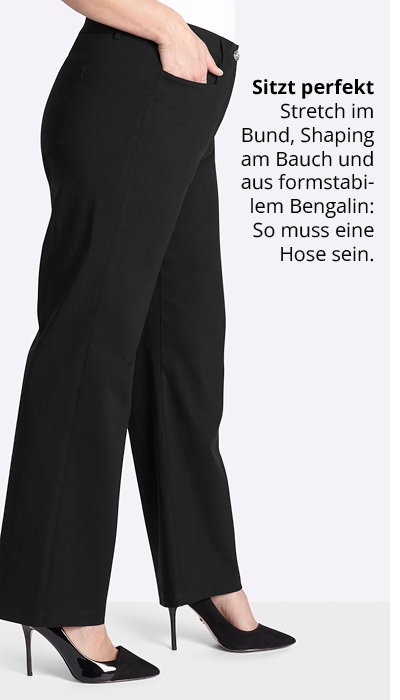 Model in schwarzer Bengalinhose mit Shapingeinsatz am Bauch