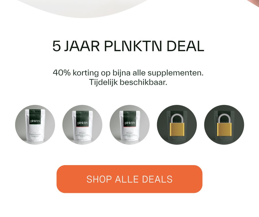 5 jaar plnktn deal. 40% korting op bijna alle supplementen. shop alle deals