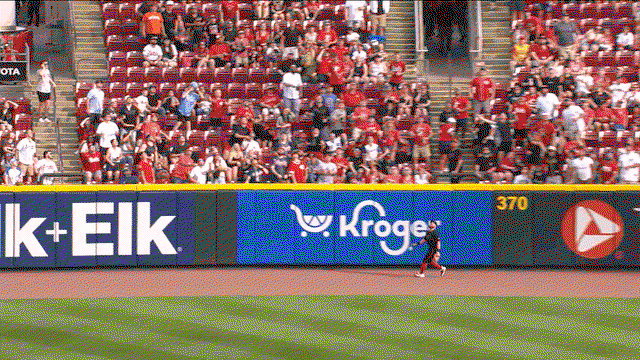 An animated gif of Blake Dunn robbing a home run