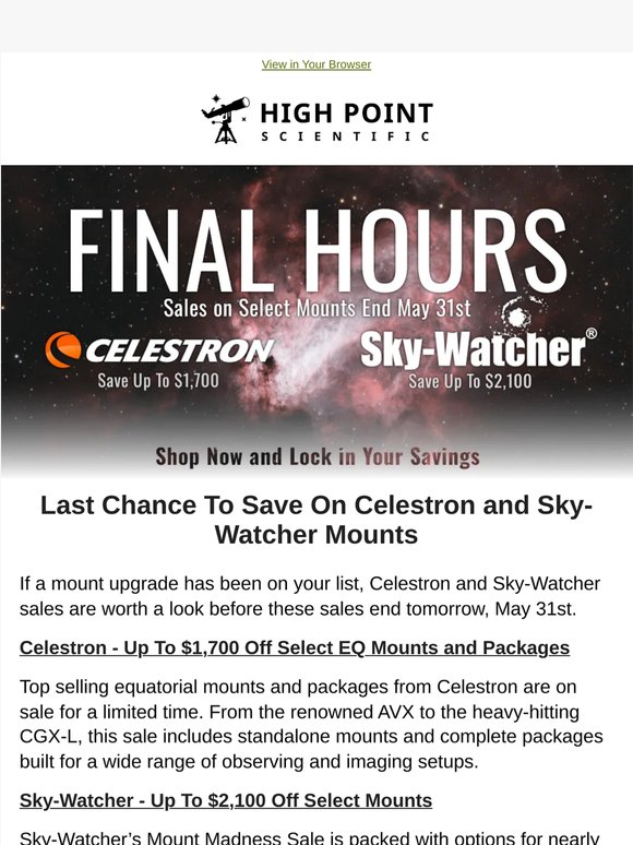 Celestron and Sky-Watcher Mount Sales End Tomorrow
