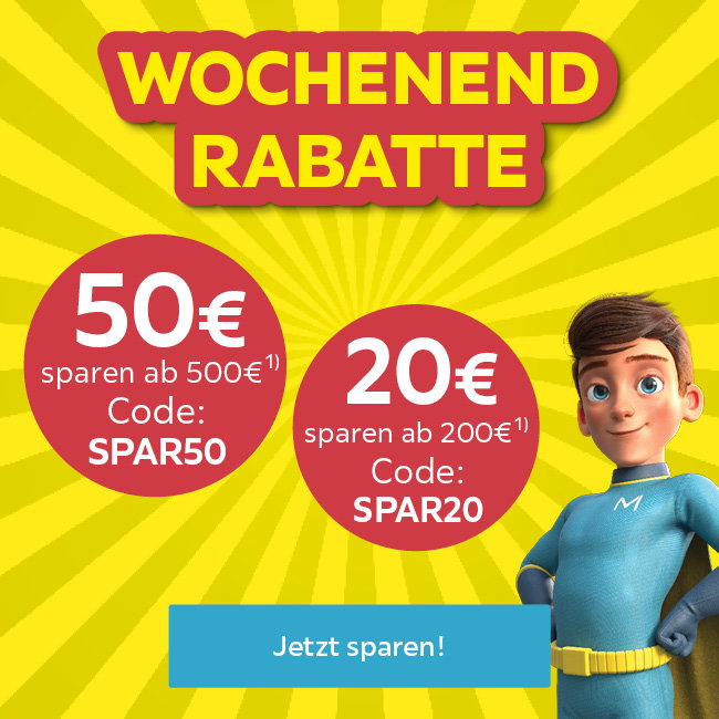 Wochenendrabatte, 50€ sparen ab 500€, Code: SPAR50, 20€ sparen ab 200€, Code: SPAR20
