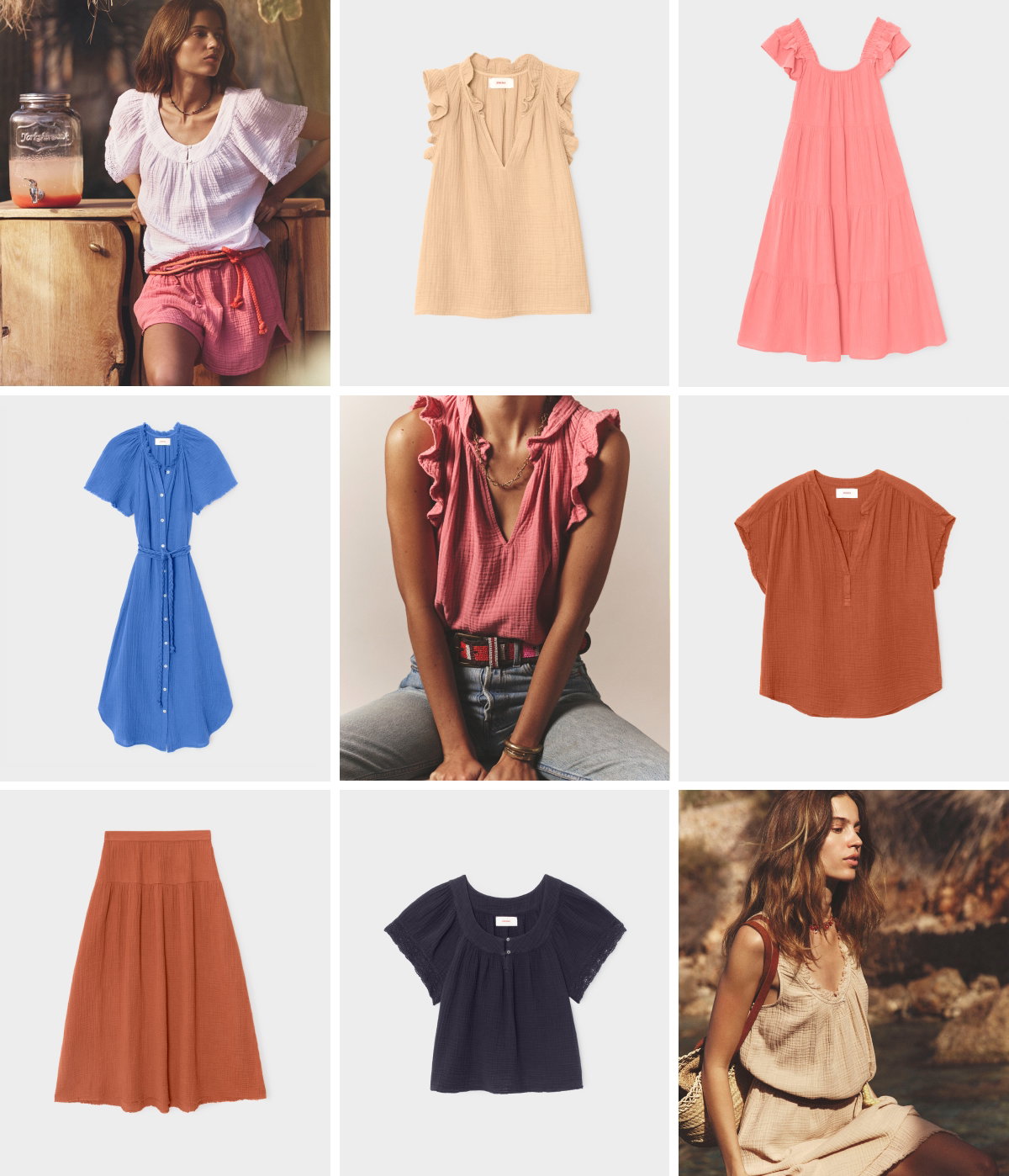 Grid of 9 New Gauze Styles. Explore the Edit of Our Best-Selling Gauze Styles for the Season.