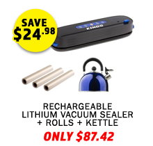 Rechargeable Lithium Vacuum Sealer + Vacuum Sealer Rolls 3-Pack + Camping Kettle
