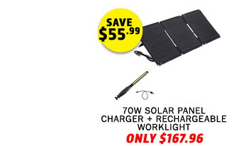 70W Solar Panel Charger + Rechargeable Lithium LED Worklight