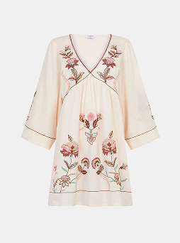 Floral Embroidered Mini Kaftan Ivory