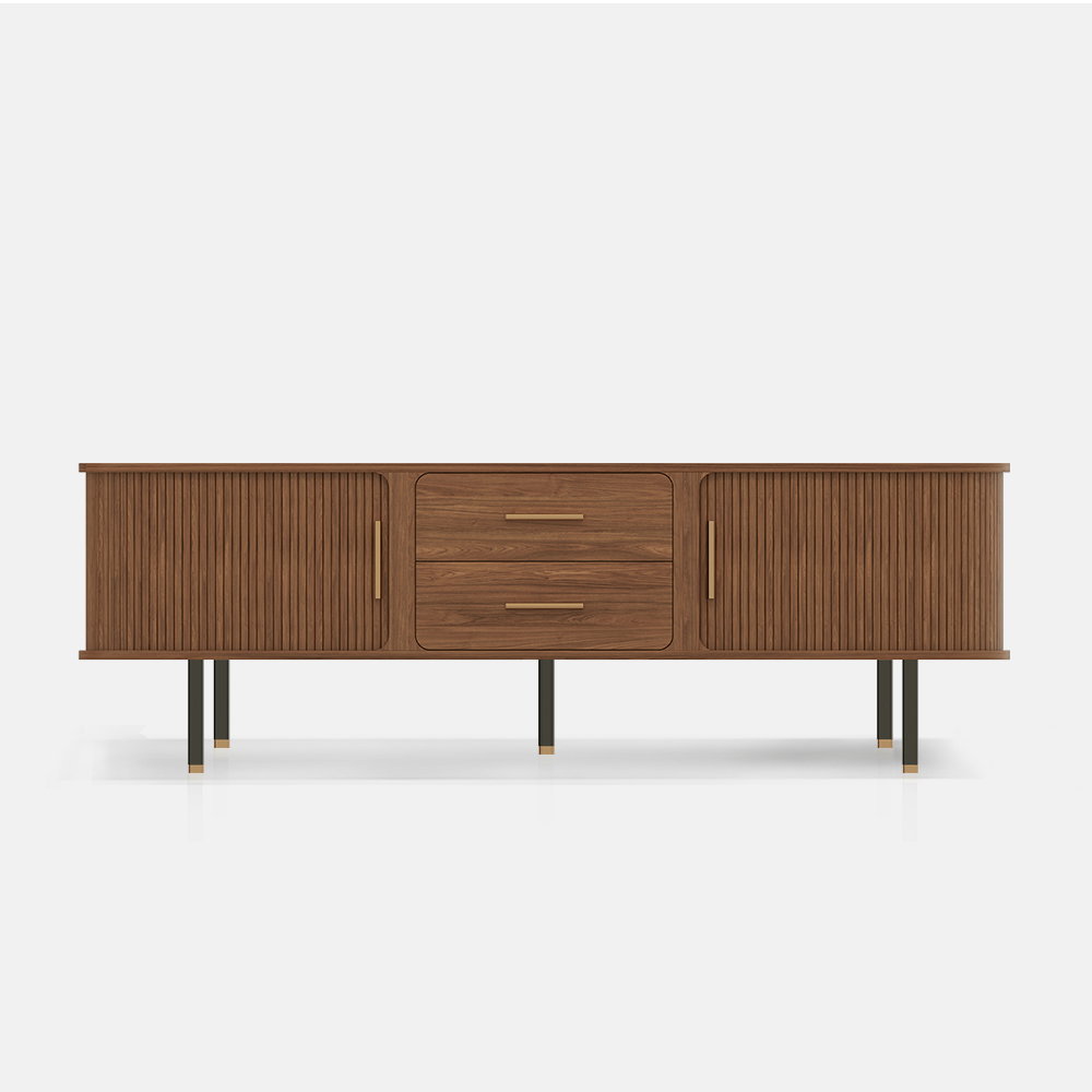 Image of Mid-Century Modern TV Stand, Minimalist Wood Media Console with Roller Shutter Door, Tall-Cast Metal Legs, Ash Wood Veneer, 70.87