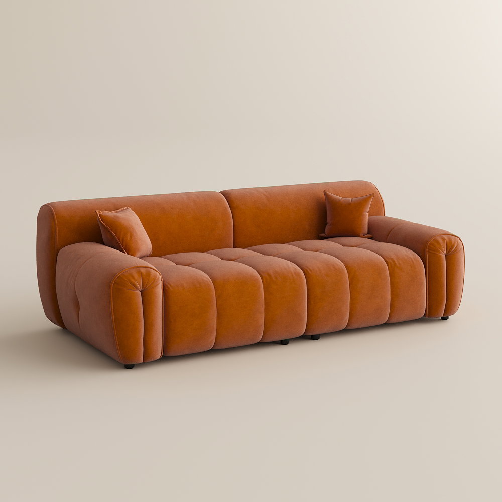 Image of Orange Velvet Tufted Sofa with Deep Seat and Pet Friendly Fabric,  Mid Century Modern, Water resistant Sofa, Sleeper Sofa,  Chesterfield Sofa, Art Deco Couch, Best Comfy Couch