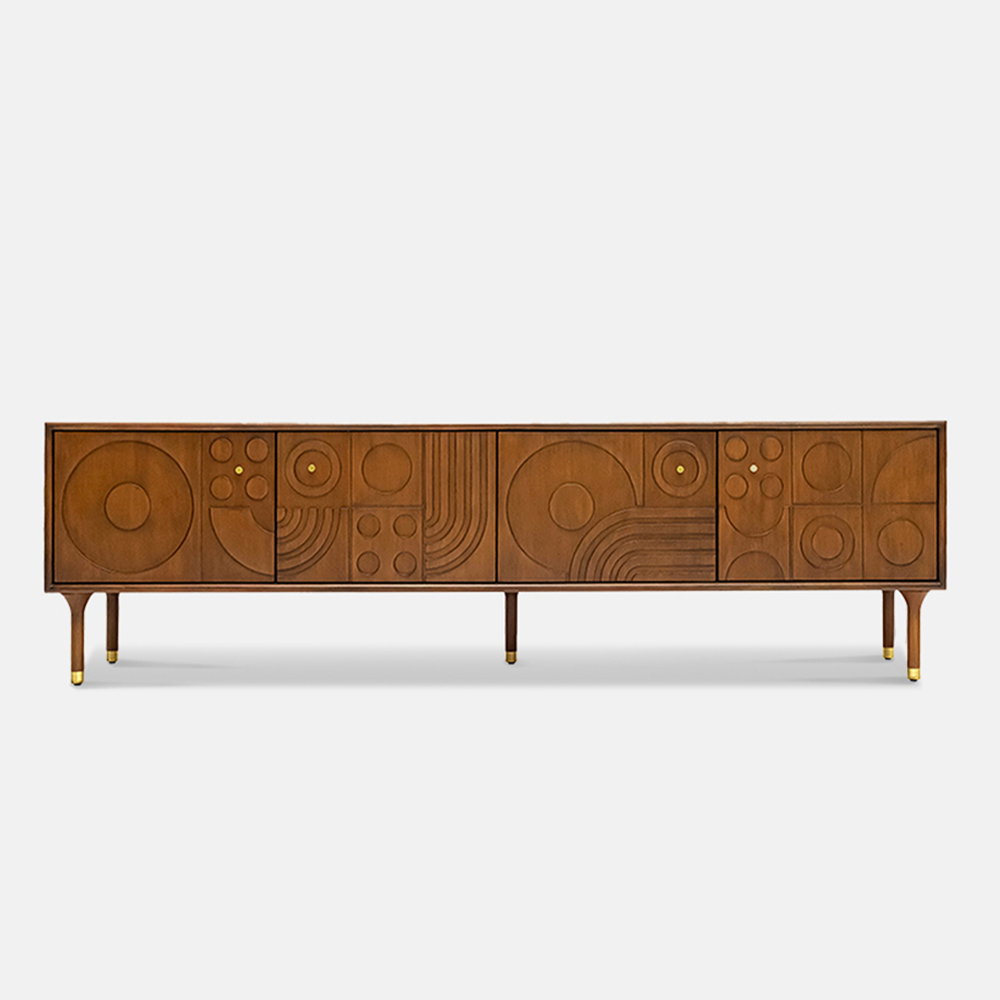 Image of Mid-Century Modern TV Stand, Wood Media Console with Cabinets, Tall-Cast Legs