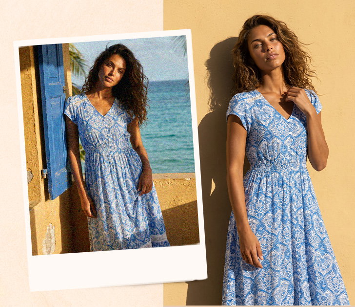 Light Blue Tile Print Shirred Waist Maxi Dress