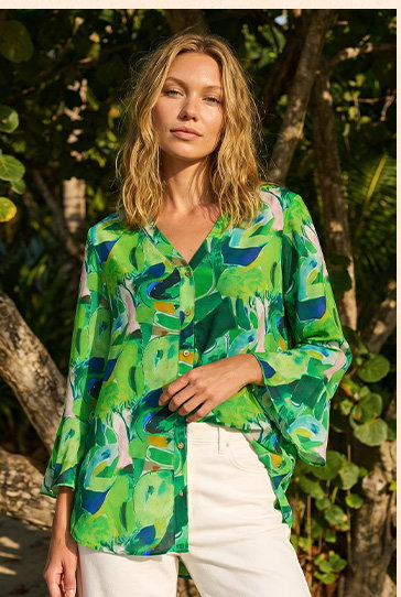 Green Abstract Print Flared Blouse