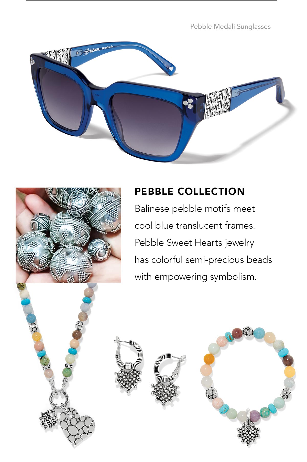 Pebble Medali Sunglasses - Pebble Collection - Balinese pebble motifs meet cool blue translucent frames. Pebble Sweet Hearts jewelry has colorful semi-precious beads with empowering symbolism. - Shop Now