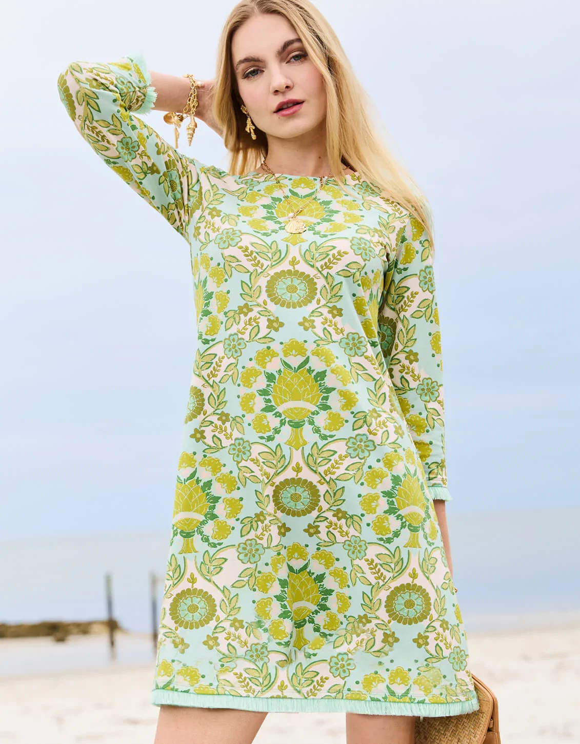 Image of Island Fringe Dress Seawall Damask Seafoam