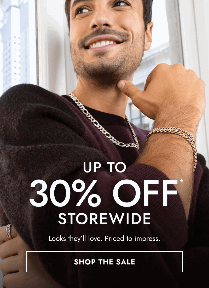 Man wearing silver chain necklace and bracelet. Up to 30% Off storewide. Looks they’ll love. Click shop the sale.