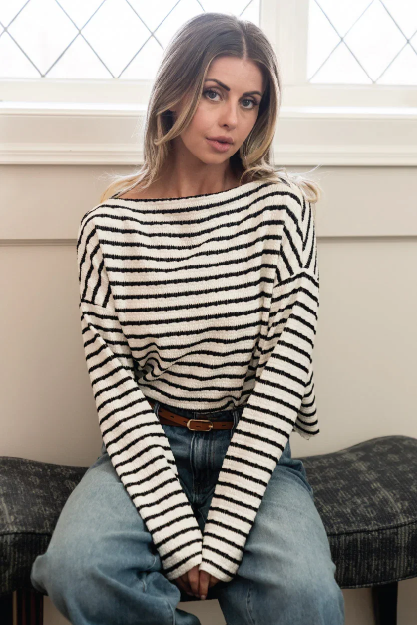 Slouchy Open Neck Striped Knit Top