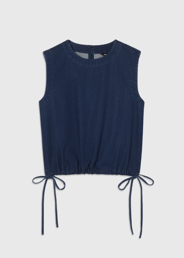 Dark Denim Drawstring Detail Cotton Top