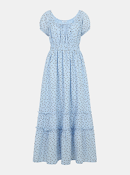 Polka Dot Puff Sleeve Midi Dress Blue