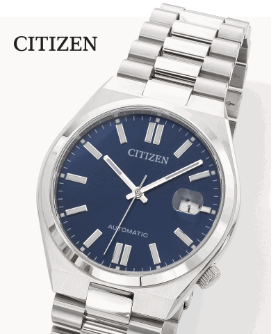 Citizen automatic watch with blue dial and stainless steel bracelet.
