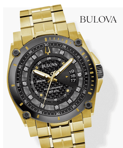 Bulova chronograph watch with black dial and gold-tone bracelet.