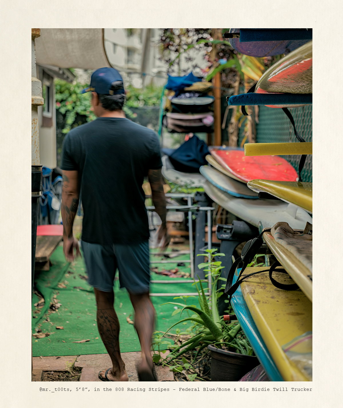 Toots, 5'8", in the 808 Racing Stripes - Federal Blue/Bone, size 28 & Big Birdie Twill Trucker - Navy