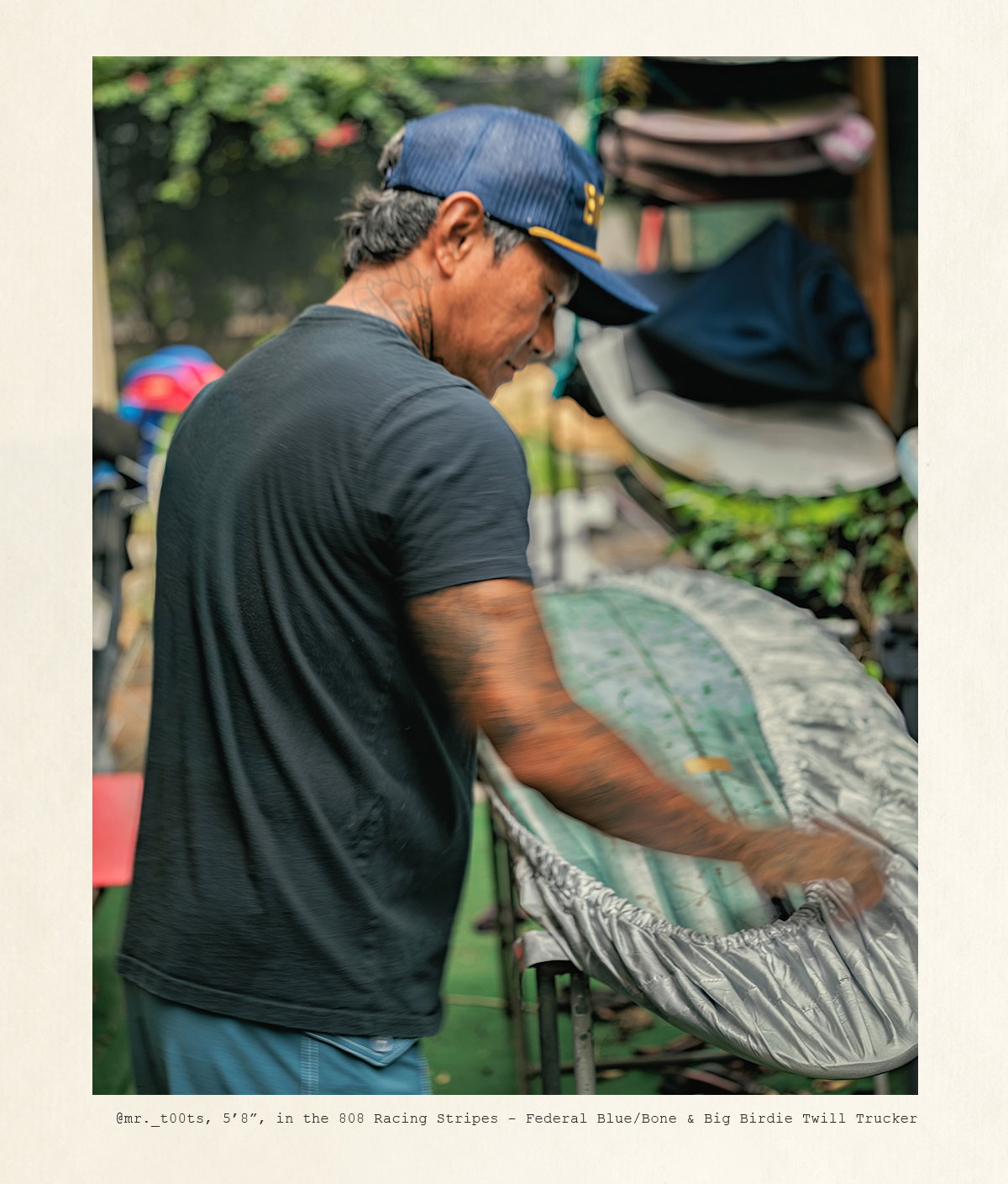 Toots, 5'8", in the 808 Racing Stripes - Federal Blue/Bone, size 28 & Big Birdie Twill Trucker - Navy