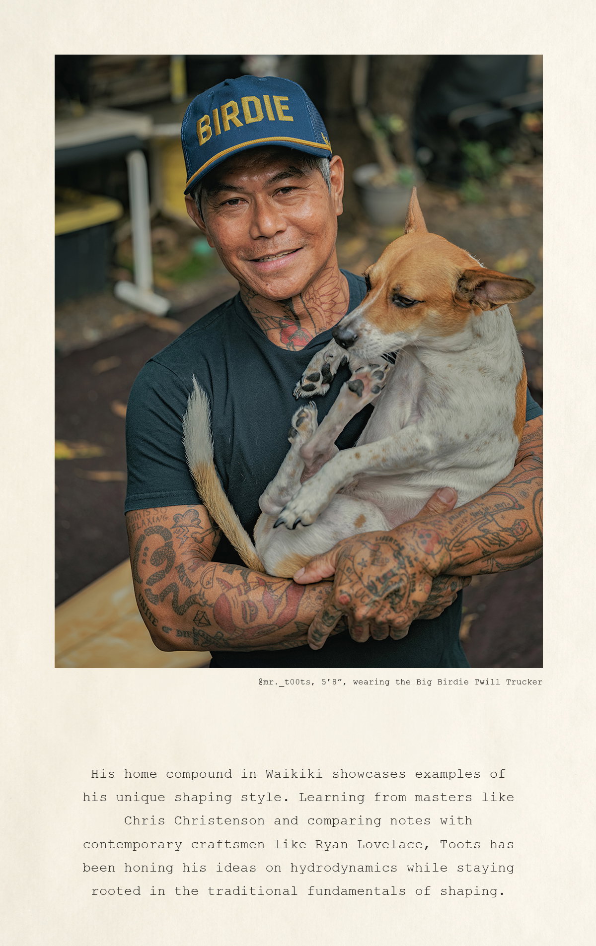 Toots, 5'8", wearing the Big Birdie Twill Trucker