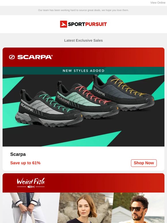 Shop Up to 66% Off: Scarpa | Weird Fish  | Volcom | Outwell | Hiking Shorts
