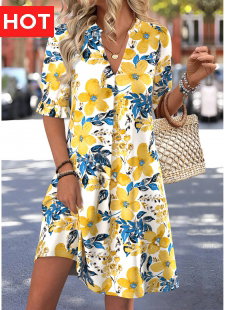 Multi Color Floral Print Short Half Sleeve Dress