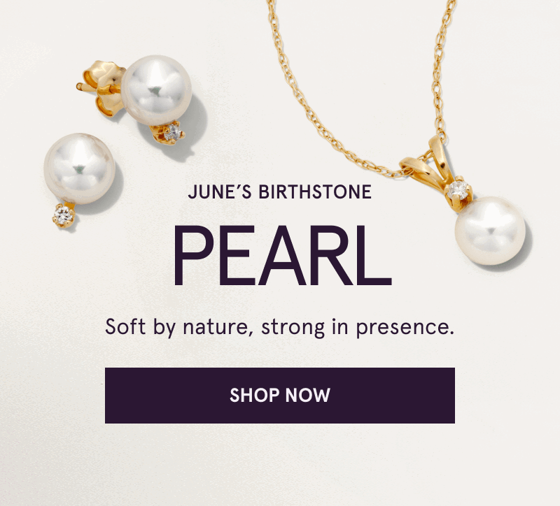 Gold chain, with pearl pendant & matching pearl studs. June’s Birthstone: Pearl. Soft & strong. Click here to shop now