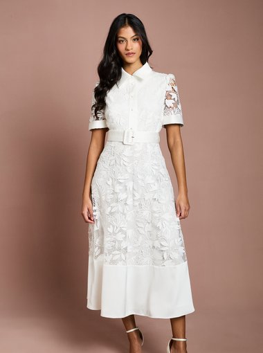 Petite Satin Trim Lace Shirt Midi Dress