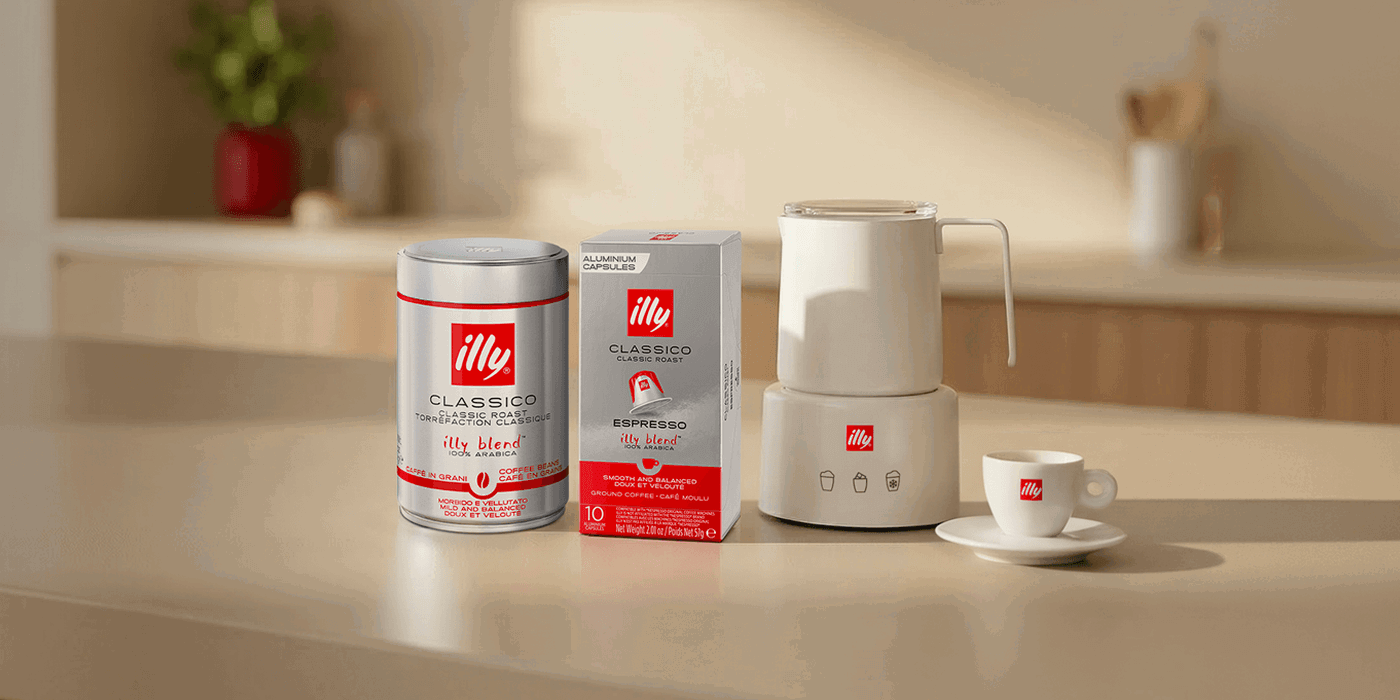 Illy coffee products with espresso maker and cup on kitchen counter